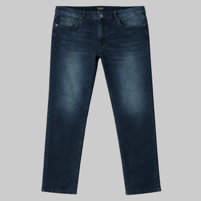 Men’s dark blue straight fit denim jeans laid flat showing classic five-pocket design and subtle fading.