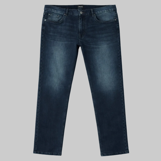 Men’s dark blue straight fit denim jeans laid flat showing classic five-pocket design and subtle fading.