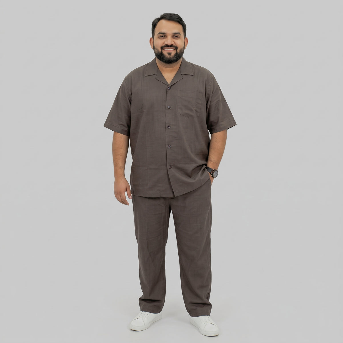 Dark Brown Irish Linen Cuban Collar Co-Ord Set with Cuban collar shirt and matching trousers