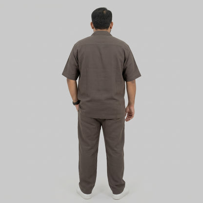 Dark Brown Irish Linen Cuban Collar Co-Ord Set with Cuban collar shirt and matching trousers