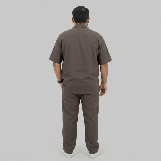 Dark Brown Irish Linen Cuban Collar Co-Ord Set with Cuban collar shirt and matching trousers