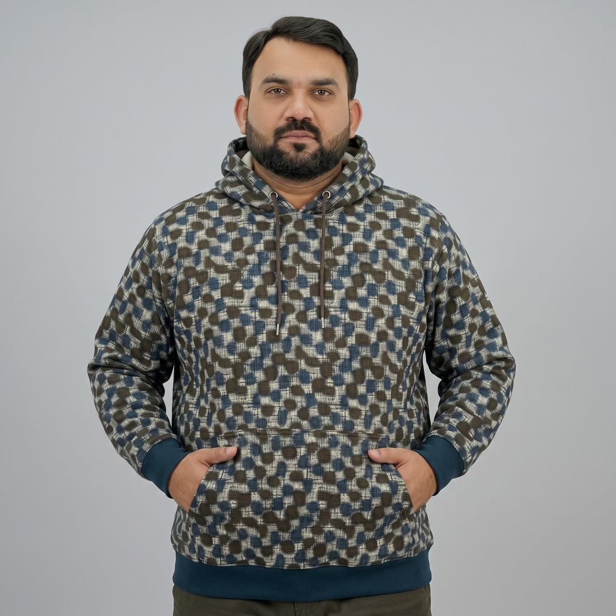 Dark Brown & Teal Trim Fleece Pullover Hoodie for Men in soft fleece fabric