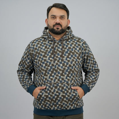 Dark Brown & Teal Trim Fleece Pullover Hoodie for Men in soft fleece fabric