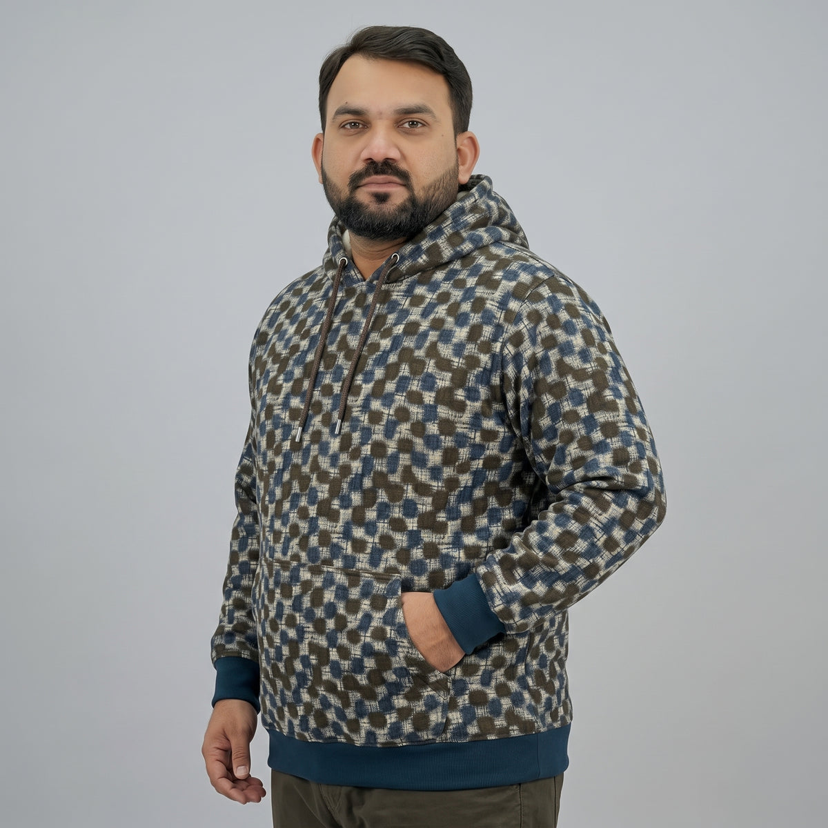 Dark Brown & Teal Trim Fleece Pullover Hoodie for Men in soft fleece fabric