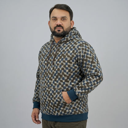 Dark Brown & Teal Trim Fleece Pullover Hoodie for Men in soft fleece fabric