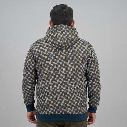 Dark Brown & Teal Trim Fleece Pullover Hoodie for Men in soft fleece fabric