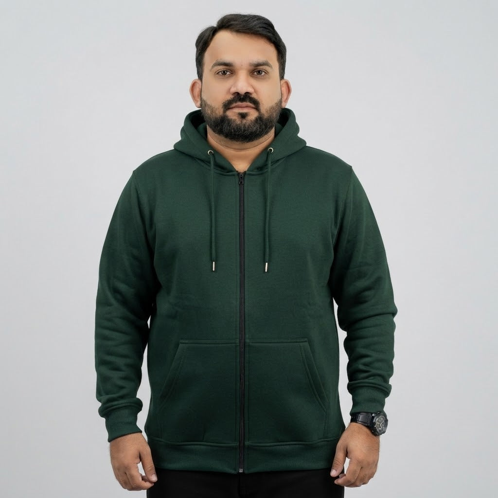 Dark green fleece zipper hoodie for men with a full front zip and attached hood.