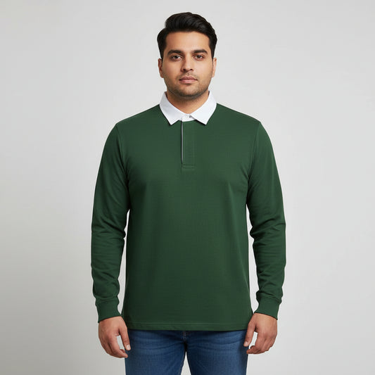 Dark green plus size rugby style long sleeve polo shirt with white contrast collar front view 