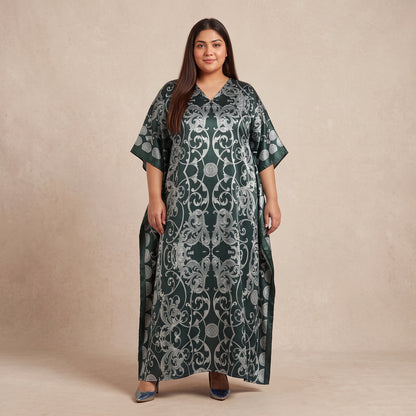 Dark Green and Silver Printed Maxi Kaftan for Women with V-Neckline and Wide Flowing Sleeves