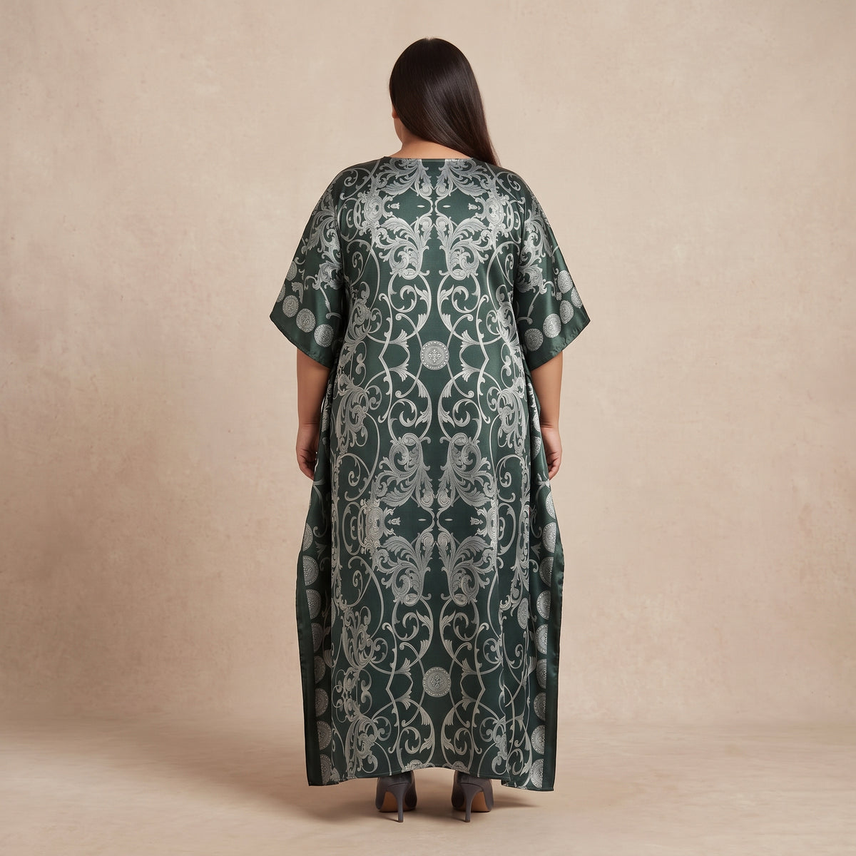 Dark Green and Silver Printed Maxi Kaftan for Women with V-Neckline and Wide Flowing Sleeves