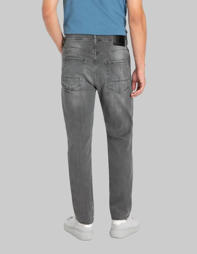 Dark grey regular fit denim jeans for men with classic five-pocket design and clean straight silhouette.