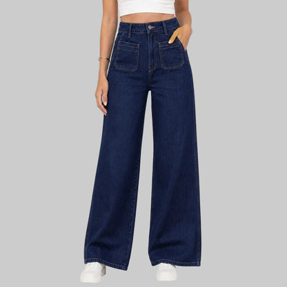 Dark indigo plus size high-waisted wide-leg jeans front view denim pants fashion fit for curvy women style outfit casual wear
