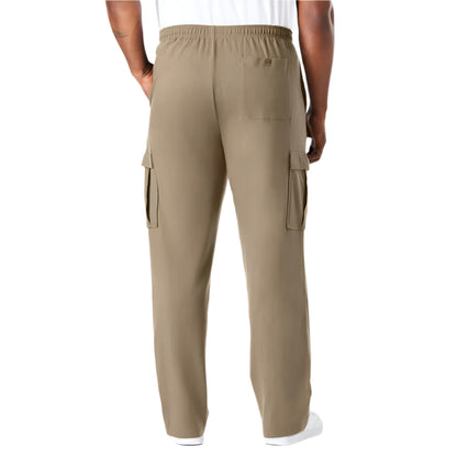 Plus-size men’s dark khaki jersey cargo pants with elastic waist and flap pockets – front view, casual fit