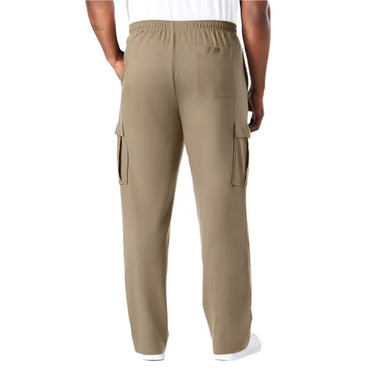 Plus-size men’s dark khaki jersey cargo pants with elastic waist and flap pockets – front view, casual fit