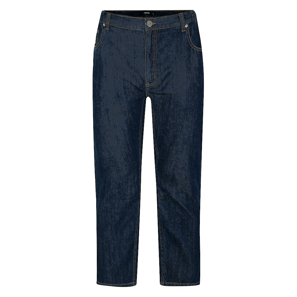 "Men’s dark wash elasticated waist jeans with straight leg, button and zip fastening, belt loops, and front and rear pockets in 100% cotton denim."