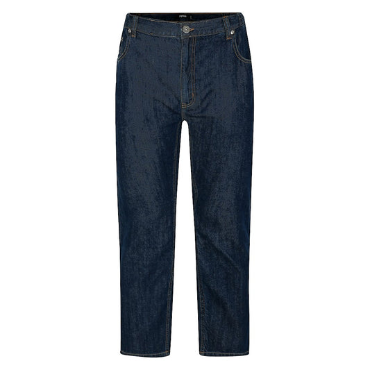 "Men’s dark wash elasticated waist jeans with straight leg, button and zip fastening, belt loops, and front and rear pockets in 100% cotton denim."