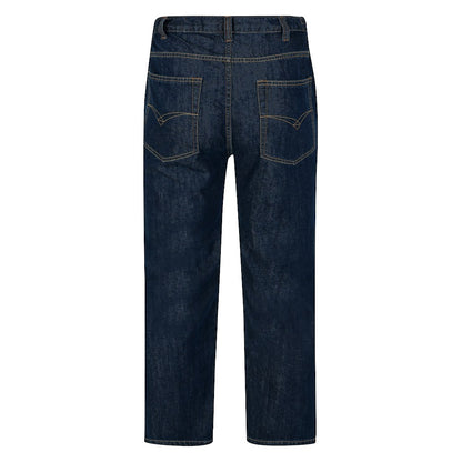 "Men’s dark wash elasticated waist jeans with straight leg, button and zip fastening, belt loops, and front and rear pockets in 100% cotton denim."