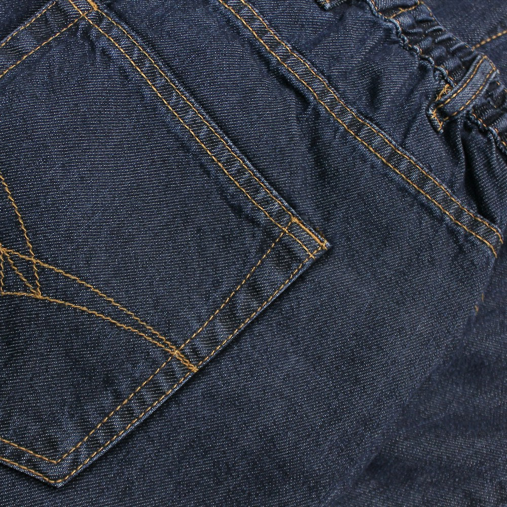 "Men’s dark wash elasticated waist jeans with straight leg, button and zip fastening, belt loops, and front and rear pockets in 100% cotton denim."