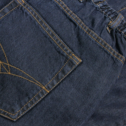 "Men’s dark wash elasticated waist jeans with straight leg, button and zip fastening, belt loops, and front and rear pockets in 100% cotton denim."