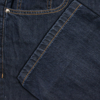 "Men’s dark wash elasticated waist jeans with straight leg, button and zip fastening, belt loops, and front and rear pockets in 100% cotton denim."
