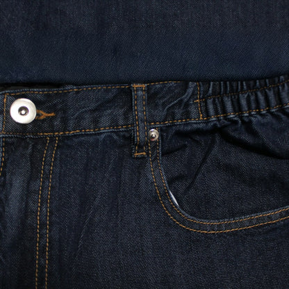 "Men’s dark wash elasticated waist jeans with straight leg, button and zip fastening, belt loops, and front and rear pockets in 100% cotton denim."