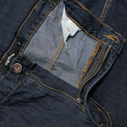 "Men’s dark wash elasticated waist jeans with straight leg, button and zip fastening, belt loops, and front and rear pockets in 100% cotton denim."