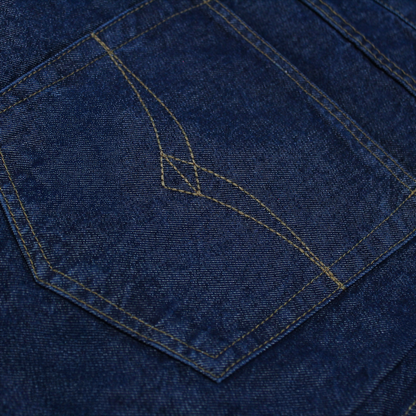 "Men’s dark wash straight leg stretch jeans with button and zip fastening, belt loops, two front pockets with coin pocket, and two rear stitched pockets."