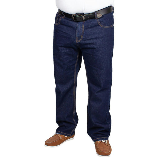 "Men’s dark wash straight leg stretch jeans with button and zip fastening, belt loops, two front pockets with coin pocket, and two rear stitched pockets."