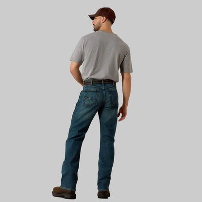 Dark indigo straight fit denim jeans with stretch, light wash, reinforced belt loop, deep pockets, straight leg