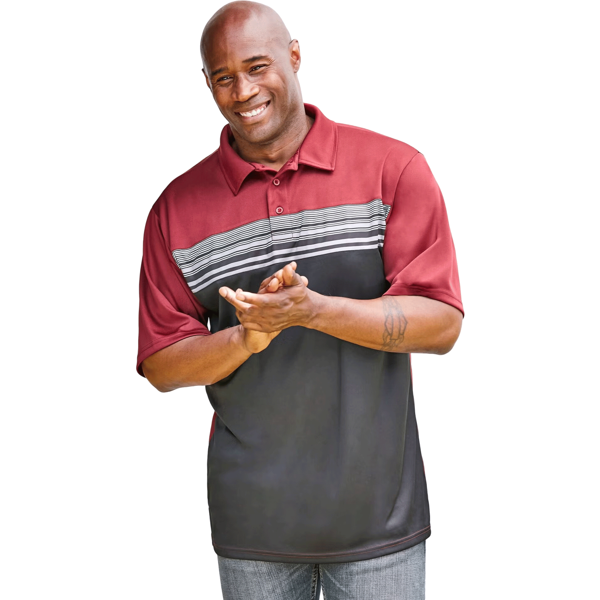 Deep Burgundy Colorblock Moisture-Wicking Polo Shirt with contrasting panels, featuring a breathable fabric and classic polo collar for comfort and active wear.