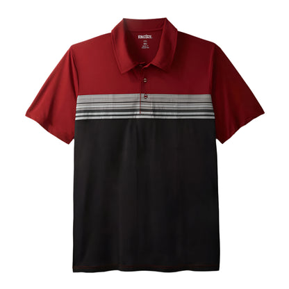 Deep Burgundy Colorblock Moisture-Wicking Polo Shirt with contrasting panels, featuring a breathable fabric and classic polo collar for comfort and active wear.