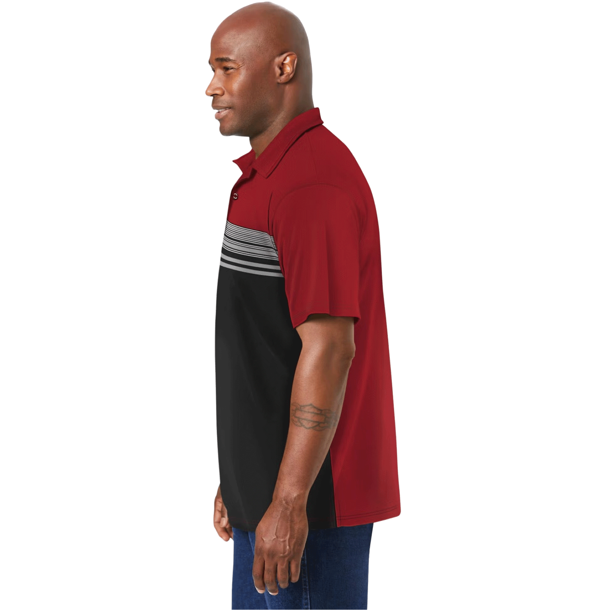 Deep Burgundy Colorblock Moisture-Wicking Polo Shirt with contrasting panels, featuring a breathable fabric and classic polo collar for comfort and active wear.