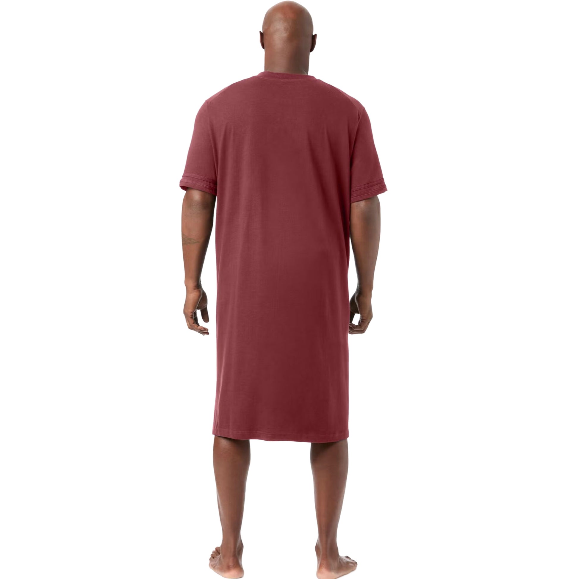 Deep burgundy henley nightshirt on minimalist hanger showing button placket