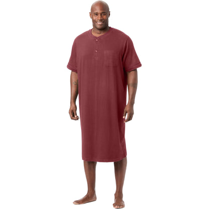 Deep burgundy henley nightshirt on minimalist hanger showing button placket