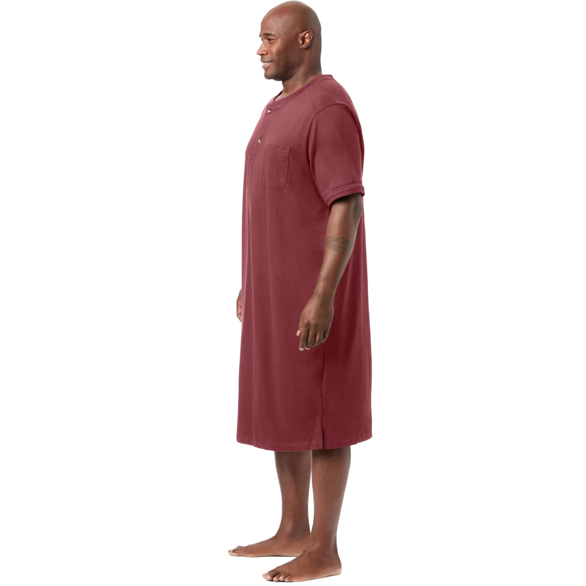 Deep burgundy henley nightshirt on minimalist hanger showing button placket