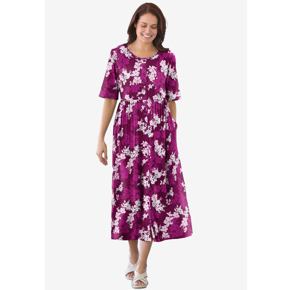 Deep Claret Graphic Bloom Button Front Essential Dress PSW-8218