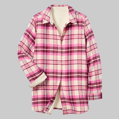 Plus-size woman wearing a deep claret and ivory plaid fleece-lined flannel snap-front shirt with long sleeves and relaxed fit on white background.