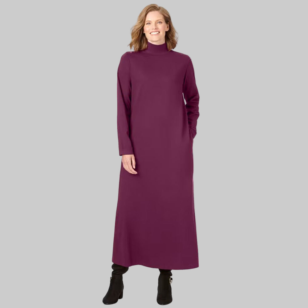 Plus-size model wearing Deep Claret Mockneck Dress with long sleeves
