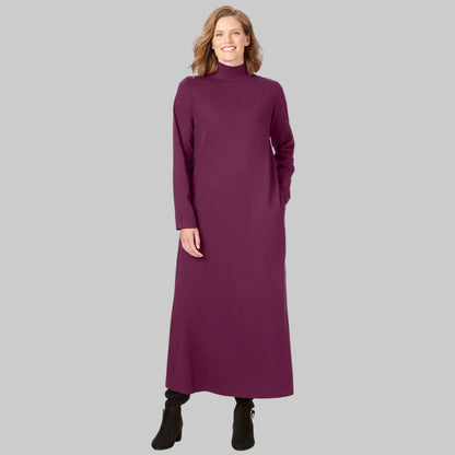 Plus-size model wearing Deep Claret Mockneck Dress with long sleeves
