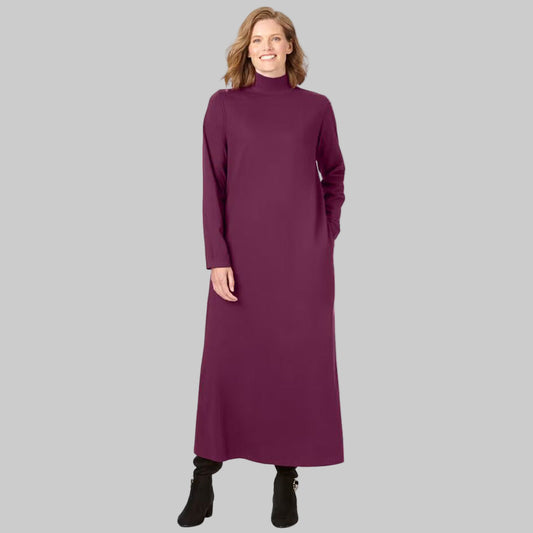 Plus-size model wearing Deep Claret Mockneck Dress with long sleeves