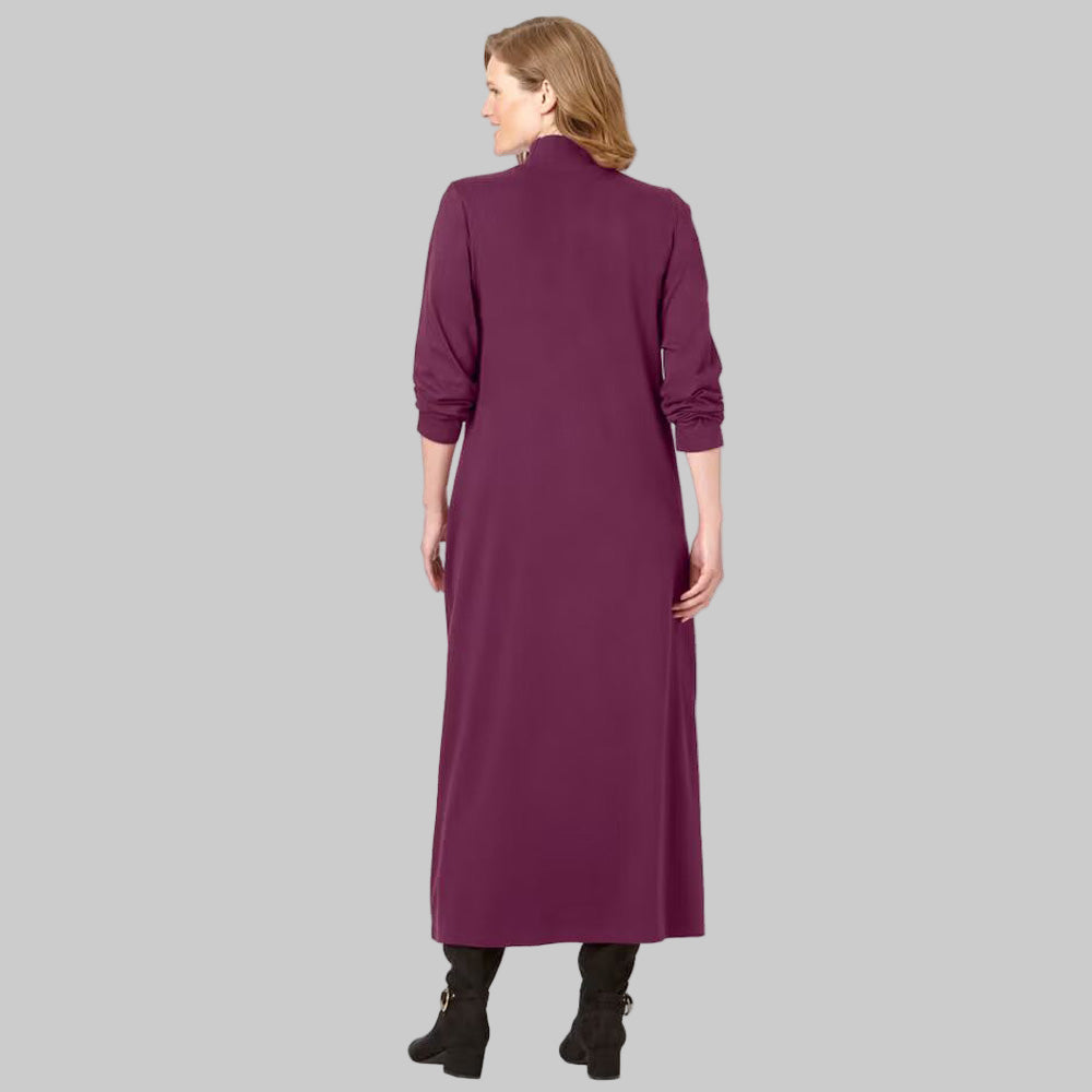 Plus-size model wearing Deep Claret Mockneck Dress with long sleeves