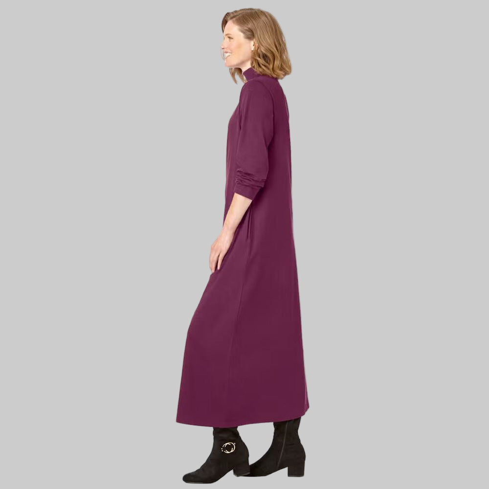 Plus-size model wearing Deep Claret Mockneck Dress with long sleeves