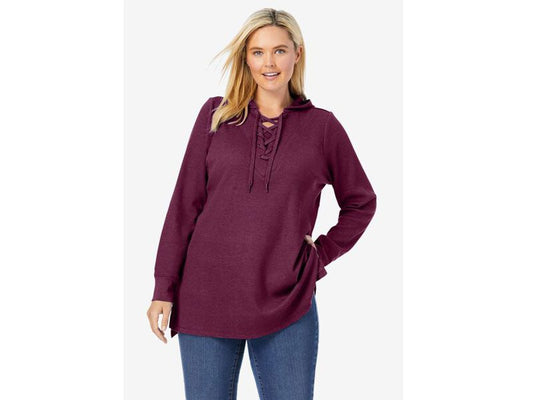 Deep Claret Washed Thermal Lace-Up Hooded Sweatshirt PSW-7274