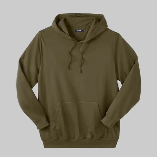 Deep olive fleece big and tall pullover hoodie with drawstring hood and kangaroo pocket
