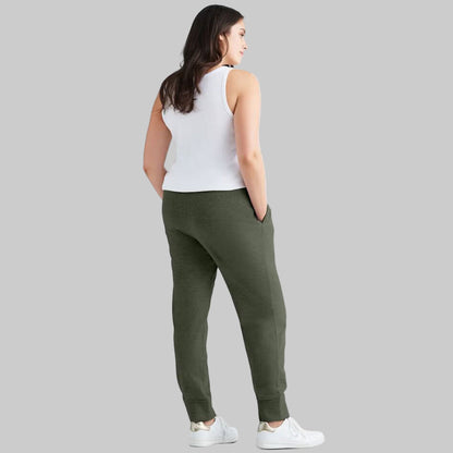 Deep Olive French Terry Sweatpants with elastic waistband, drawstring, and ribbed cuffs — soft ankle-length plus size joggers for women.