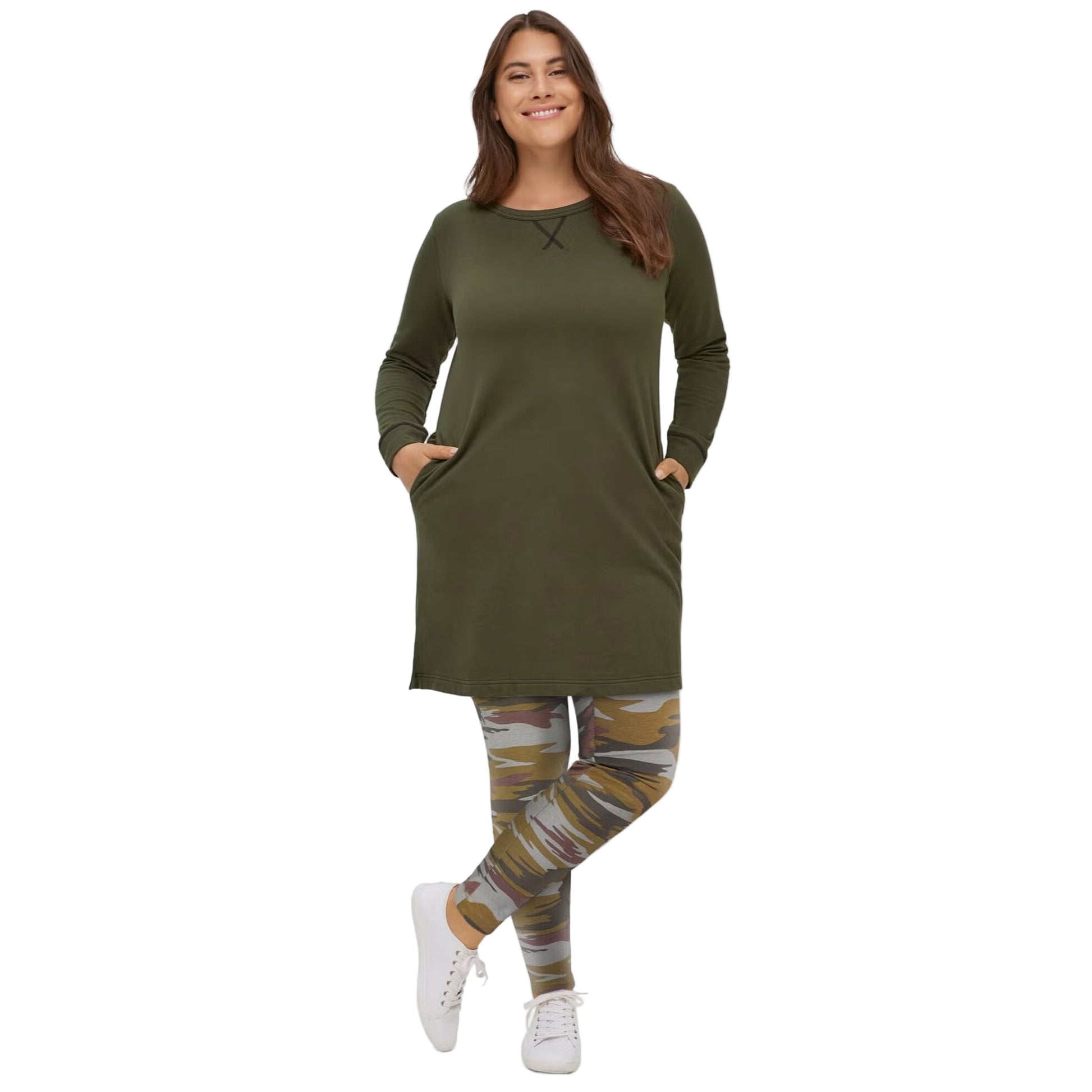 Flat-lay of Deep Olive French Terry Tunic Dress on neutral background