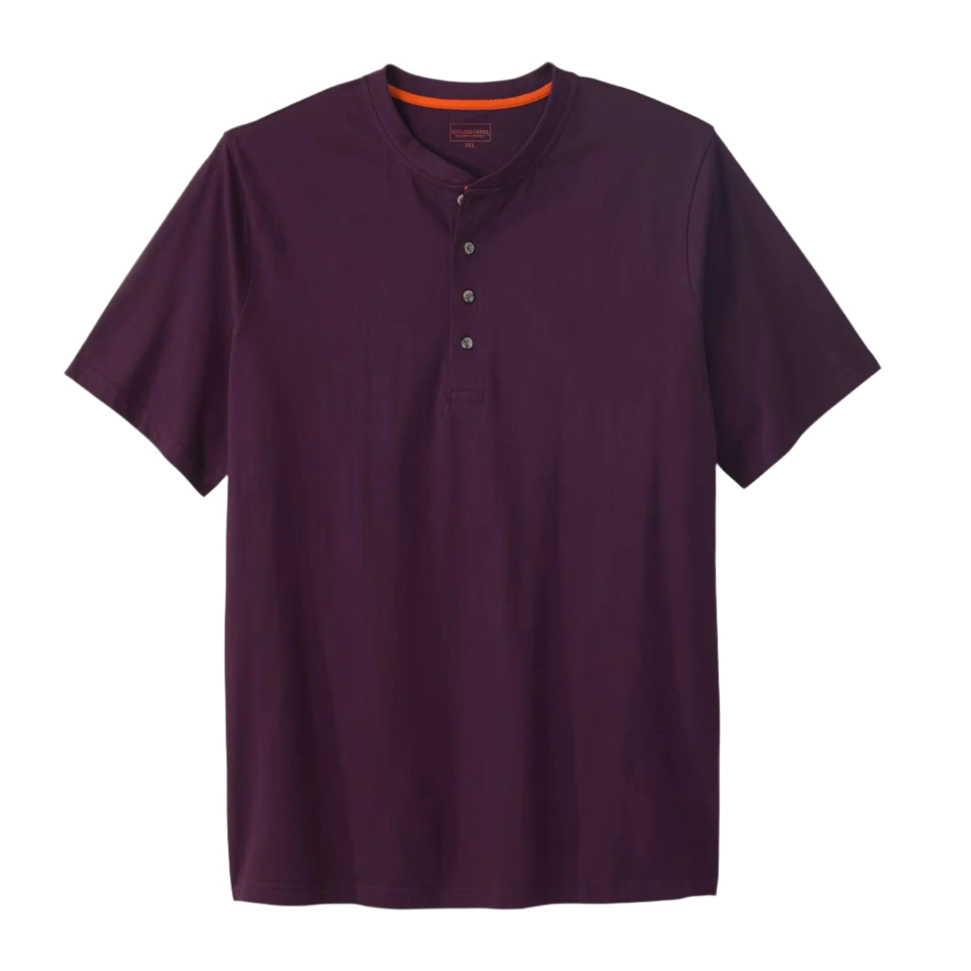 Deep purple heavyweight short-sleeve Henley with 4-button placket and relaxed fit. Durable, breathable cotton—great for layering or solo wear.