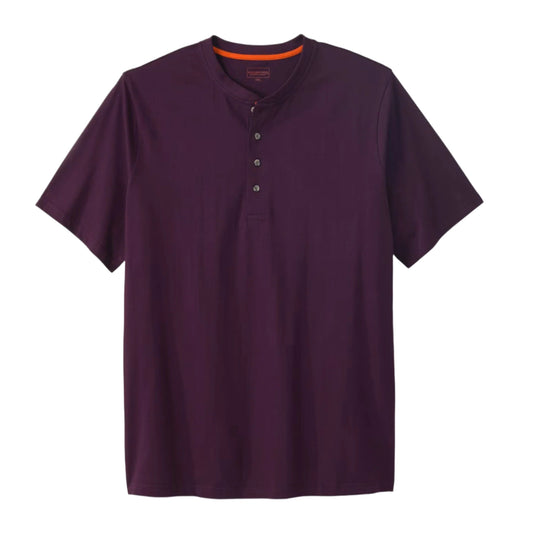 Deep purple heavyweight short-sleeve Henley with 4-button placket and relaxed fit. Durable, breathable cotton—great for layering or solo wear.