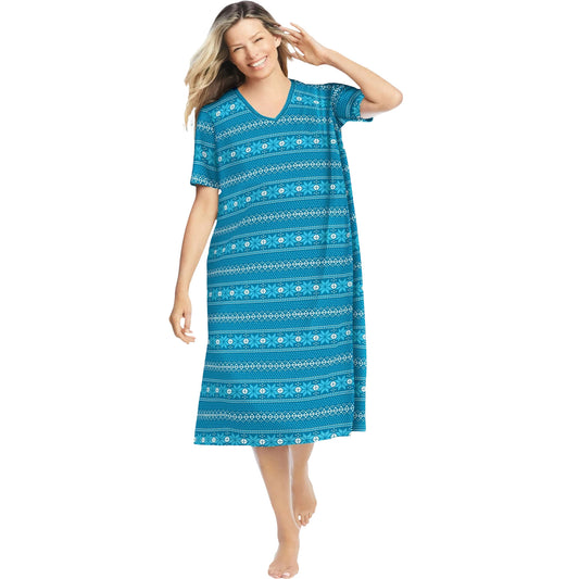 Woman wearing deep teal fair isle printed long sleepshirt with short sleeves


