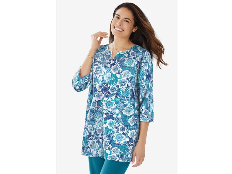 Deep Teal Floral Patchwork Notch Neck Tunic PSW-6882